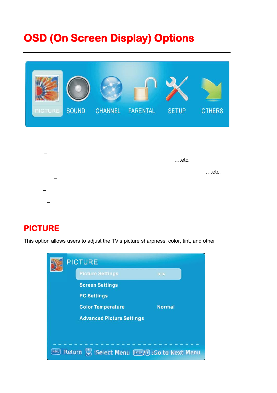 Osd (on screen display) options, Picture | Sceptre E230BD-FHD User Manual | Page 26 / 61