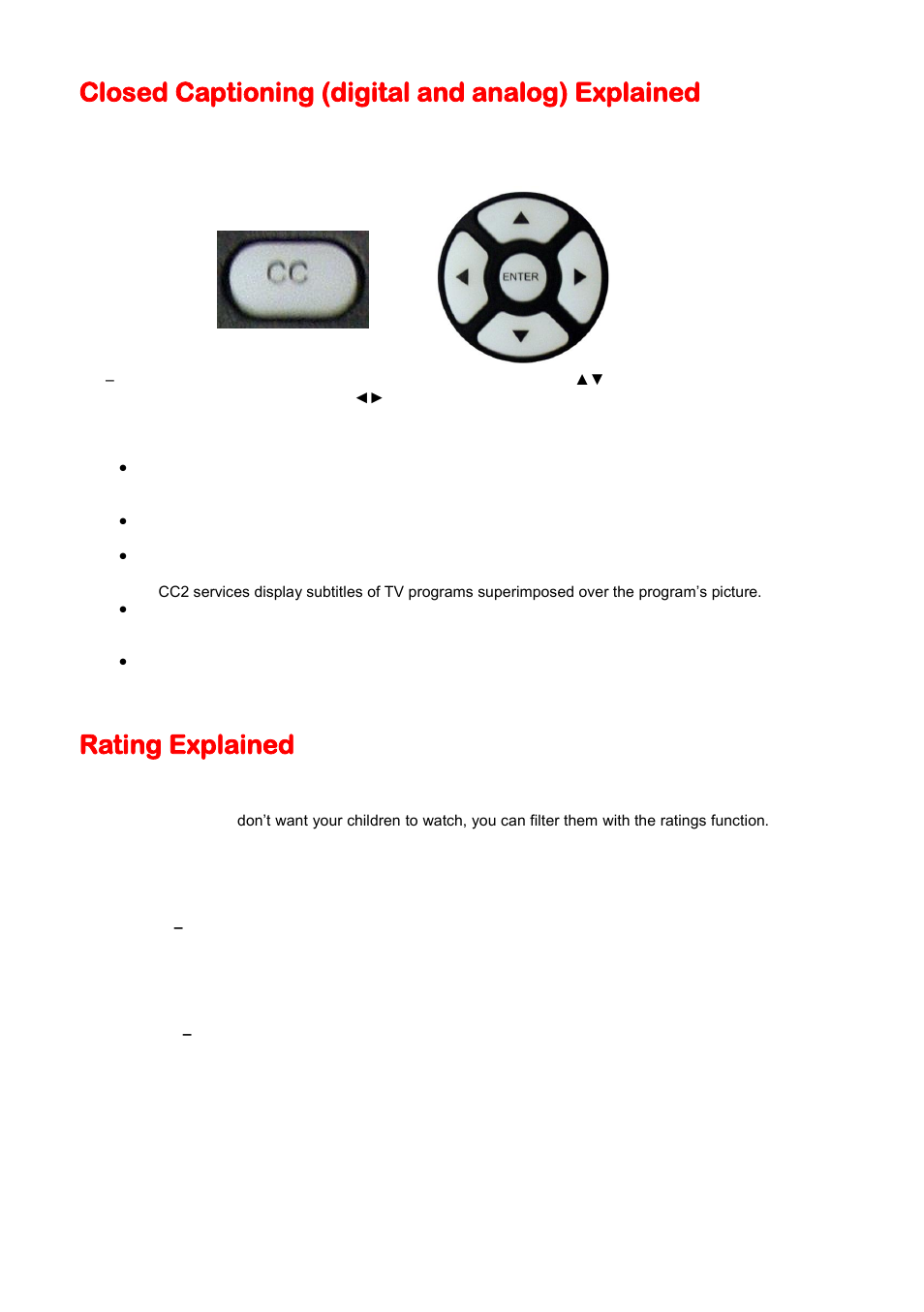 Closed captioning (digital and analog) explained, Rating explained | Sceptre E230BD-FHD User Manual | Page 40 / 61