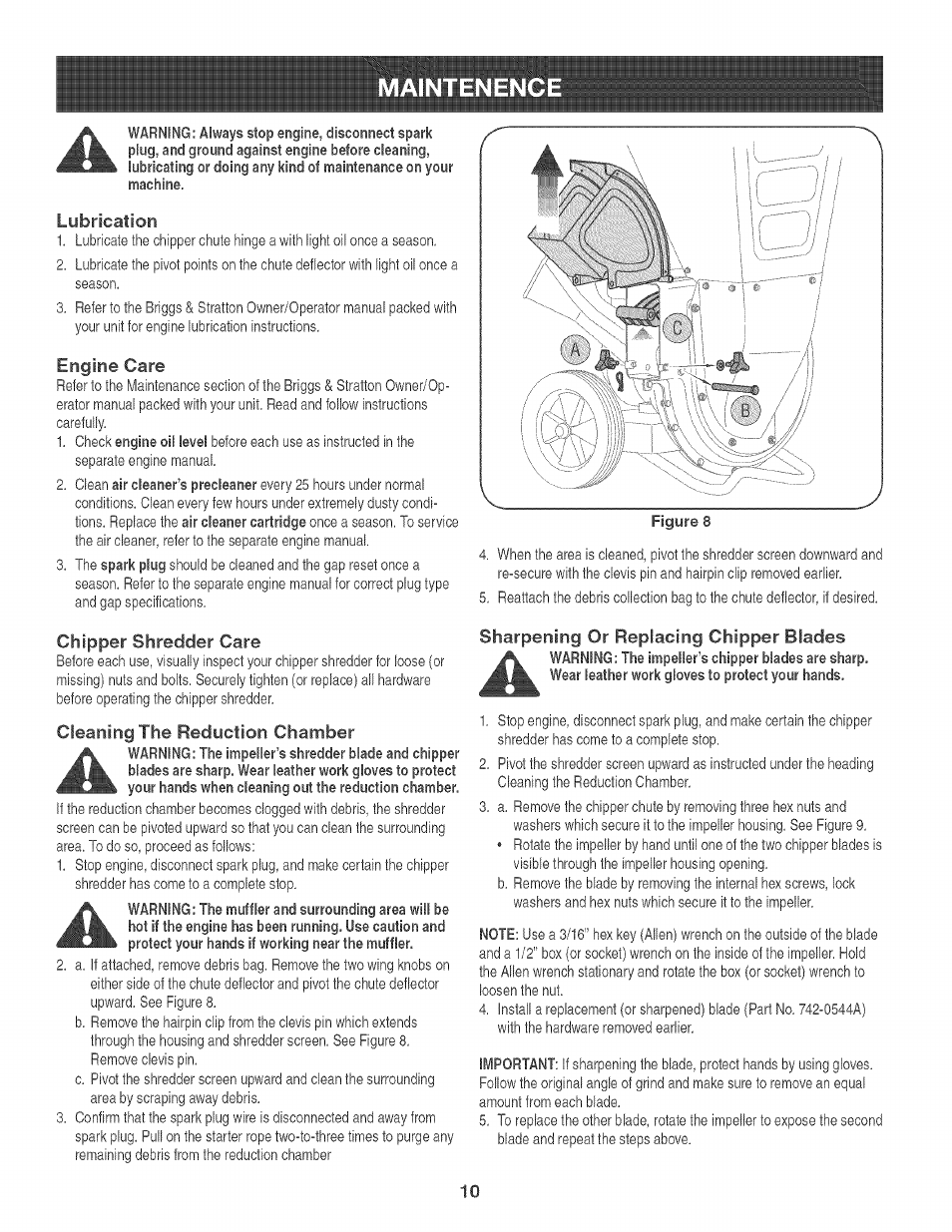 Sharpening or replacing chipper blades | Craftsman 247.776360 User Manual | Page 10 / 40