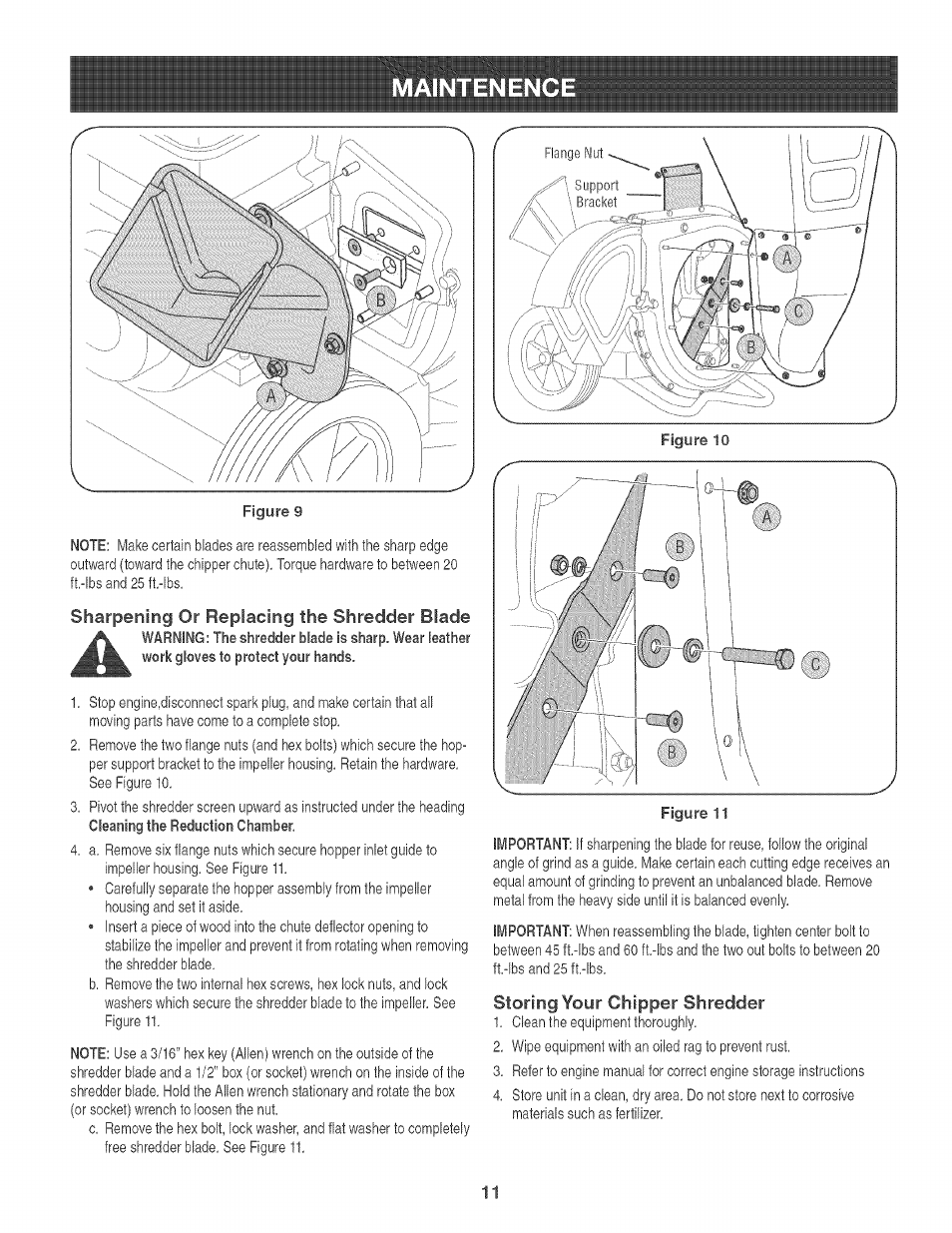 Sharpening or replacing the shredder blade, Storing your chipper shredder, Maintenence | Craftsman 247.776360 User Manual | Page 11 / 40