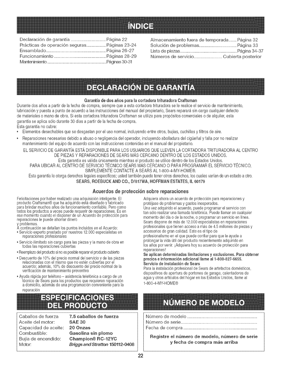 Declaracion de garantia, Acuerdos de protección sobre reparaciones, Especificacion del producto | Numero de modelo, Ndic, Especificacion del producto numero de modelo | Craftsman 247.776360 User Manual | Page 22 / 40