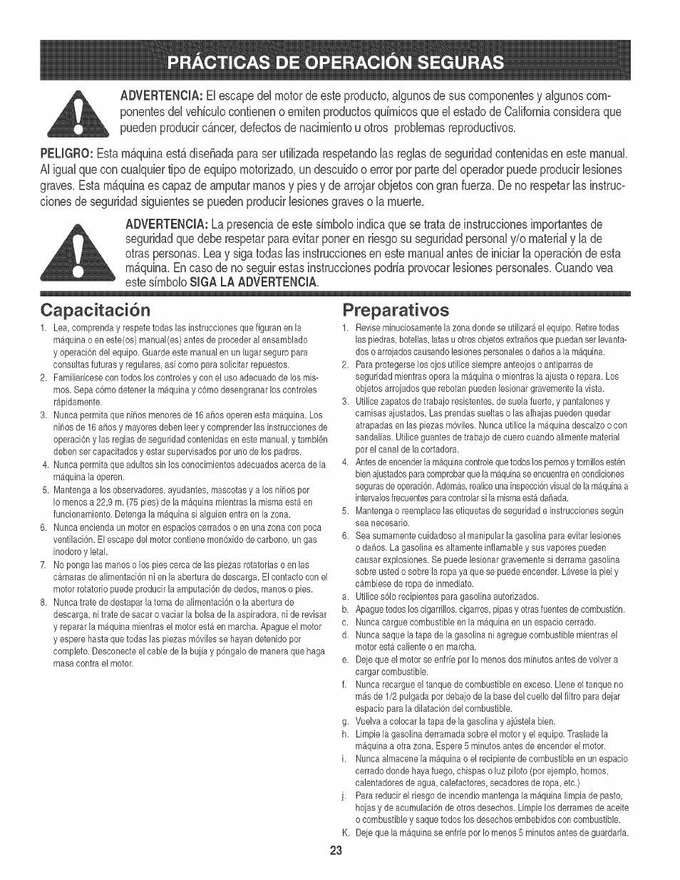 Practicas de operacion segur, Capacitación preparatí¥os | Craftsman 247.776360 User Manual | Page 23 / 40