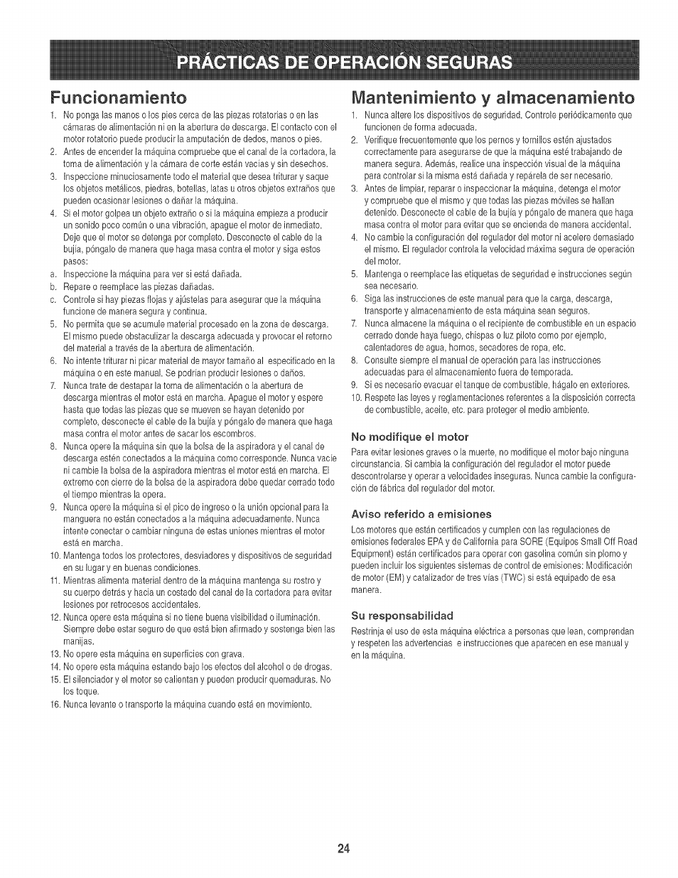 Funcionamiento, Mantenimiento y almacenamiento, Practicas de operacion segura | Craftsman 247.776360 User Manual | Page 24 / 40