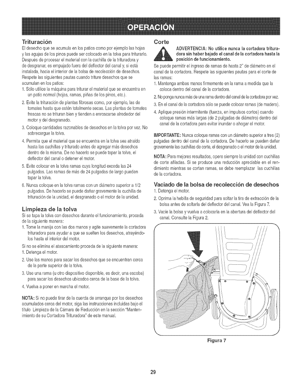 Operacio, Limpieza de la tolva, Corte | Vaciado de ia bolsa de recolección de desechos | Craftsman 247.776360 User Manual | Page 29 / 40