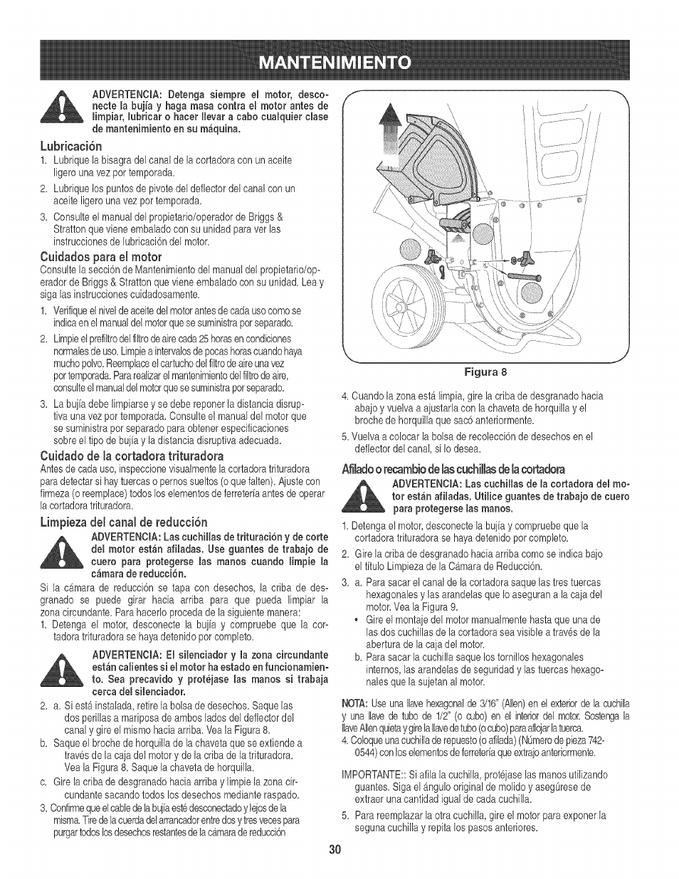 Cuidados para el motor, Cuidado de la cortadora trituradora, Limpieza del canal de reducción | Mantenimiento | Craftsman 247.776360 User Manual | Page 30 / 40