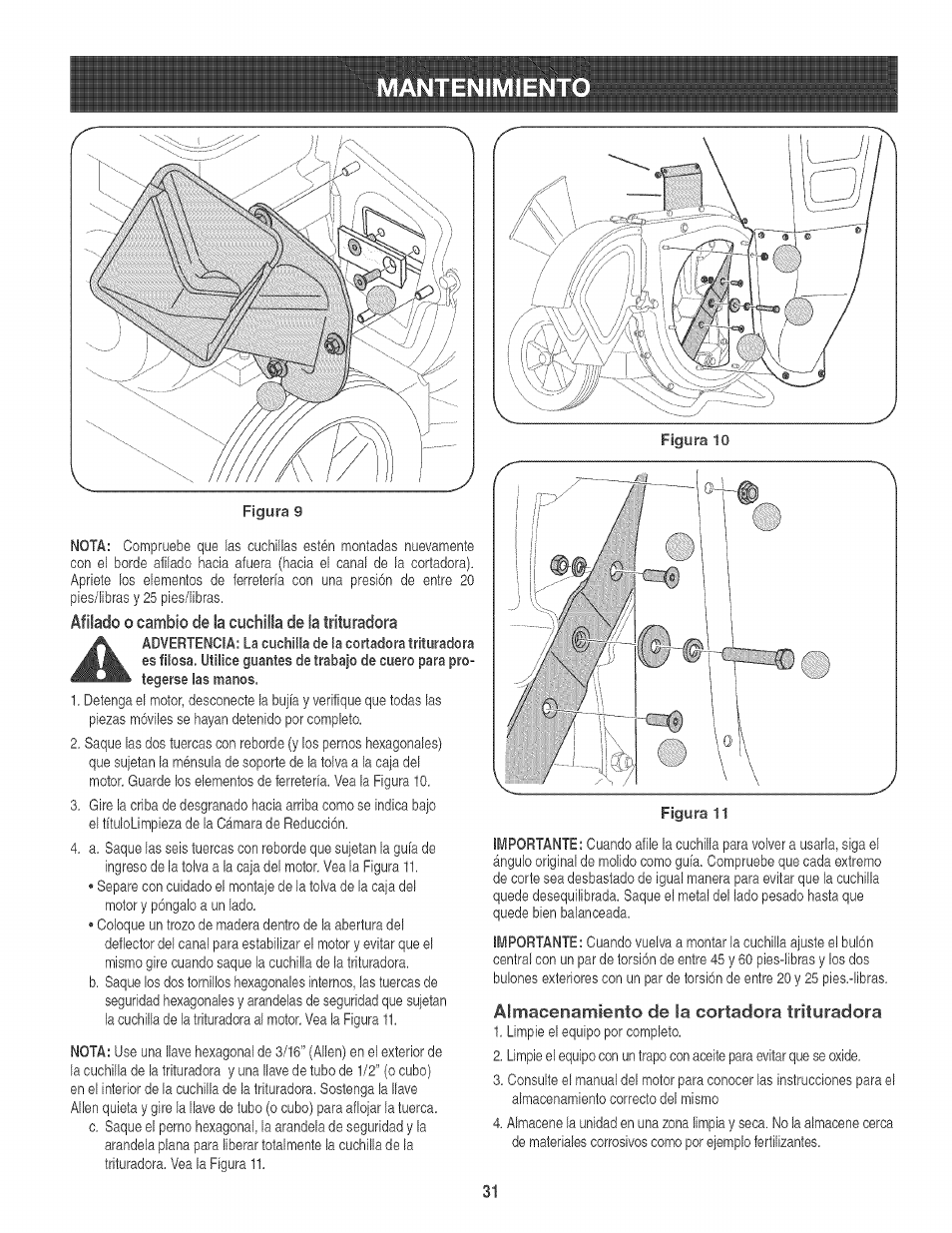 Almacenamiento de la cortadora trituradora, Mantenimient | Craftsman 247.776360 User Manual | Page 31 / 40