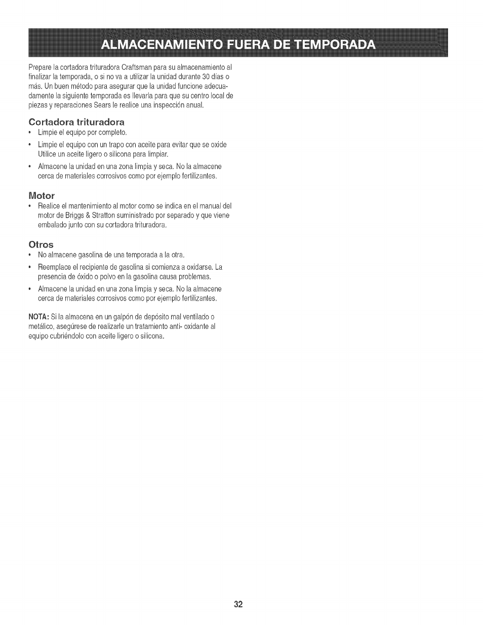 Almacenamiento fuera de temporad, Cortadora trituradora, Otros | Craftsman 247.776360 User Manual | Page 32 / 40