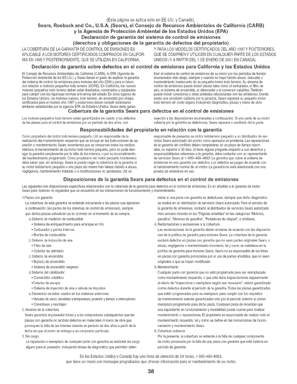 Cobertura de la garantía sears para, Defectos en el control de emisiones | Craftsman 247.776360 User Manual | Page 38 / 40