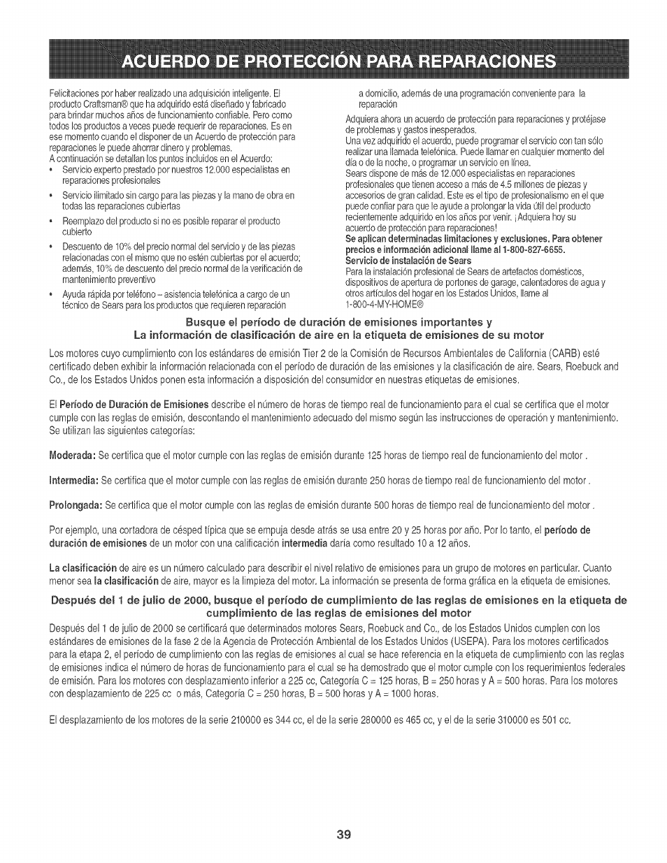 Acuerdo de proteccion para reparaciones | Craftsman 247.776360 User Manual | Page 39 / 40