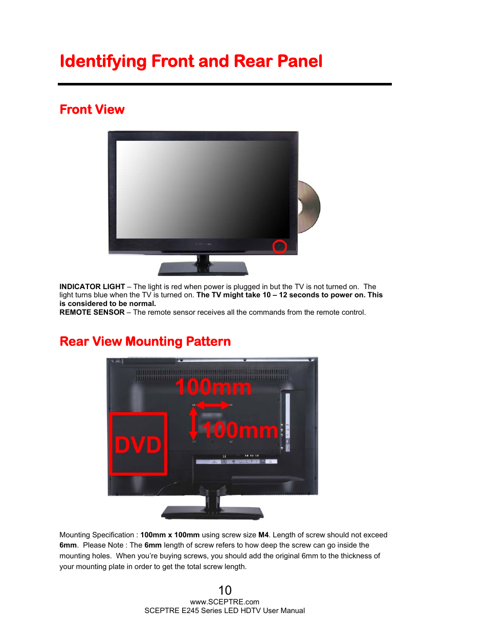 Identifying front and rear panel, Front view, Rear view mounting pattern | Sceptre E245BD-FHDU User Manual | Page 10 / 57