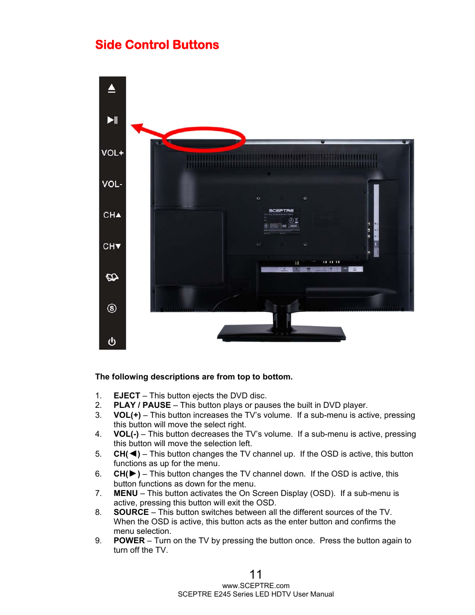 Side control buttons | Sceptre E245BD-FHDU User Manual | Page 11 / 57