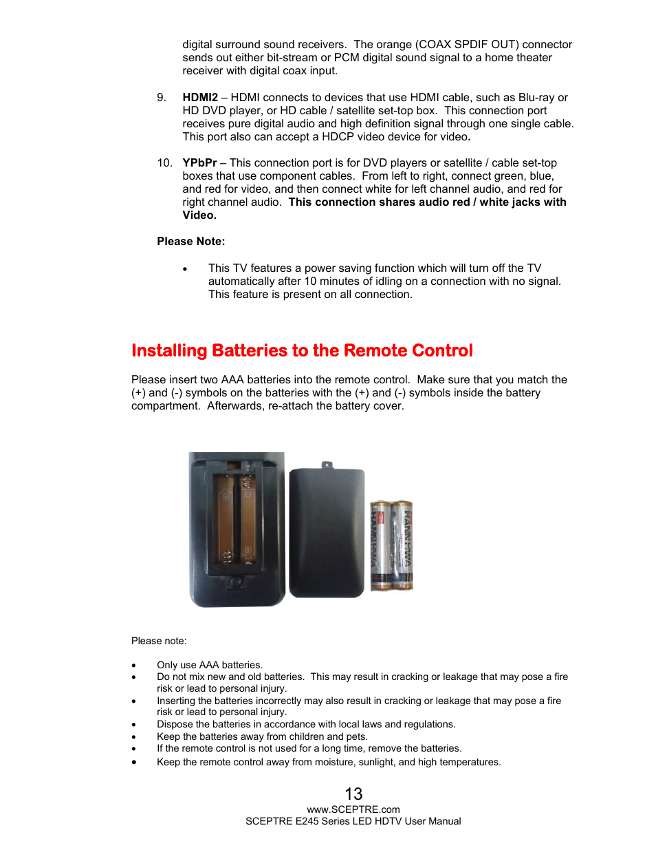 Installing batteries to the remote control | Sceptre E245BD-FHDU User Manual | Page 13 / 57