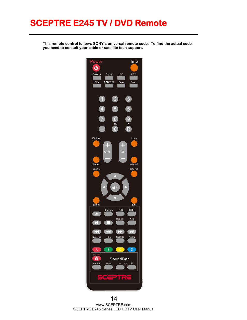 Sceptre e245 tv / dvd remote | Sceptre E245BD-FHDU User Manual | Page 14 / 57