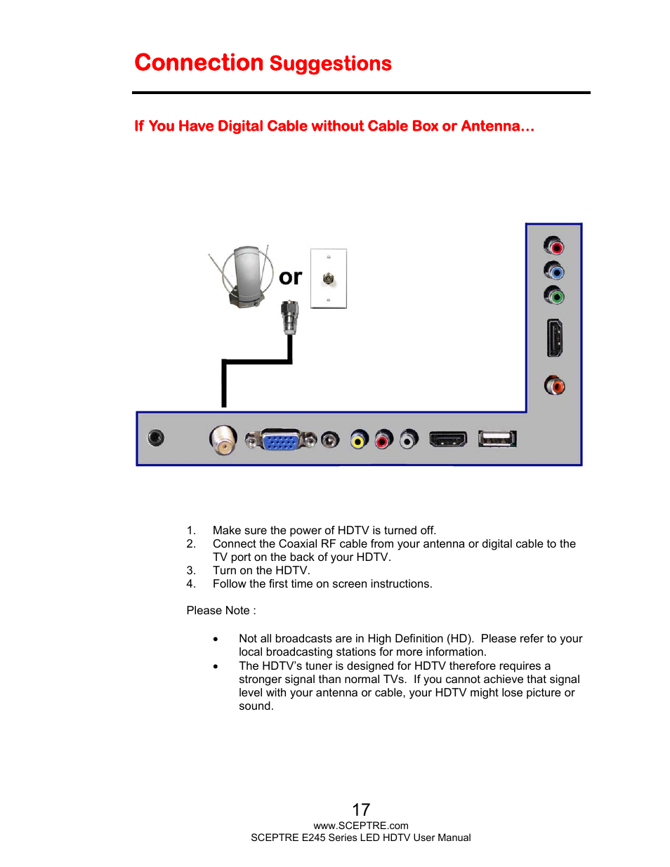 Connection, Suggestions | Sceptre E245BD-FHDU User Manual | Page 17 / 57