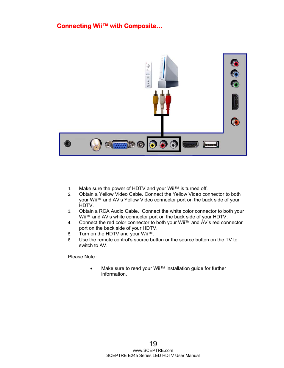 Connecting wii™ with composite | Sceptre E245BD-FHDU User Manual | Page 19 / 57