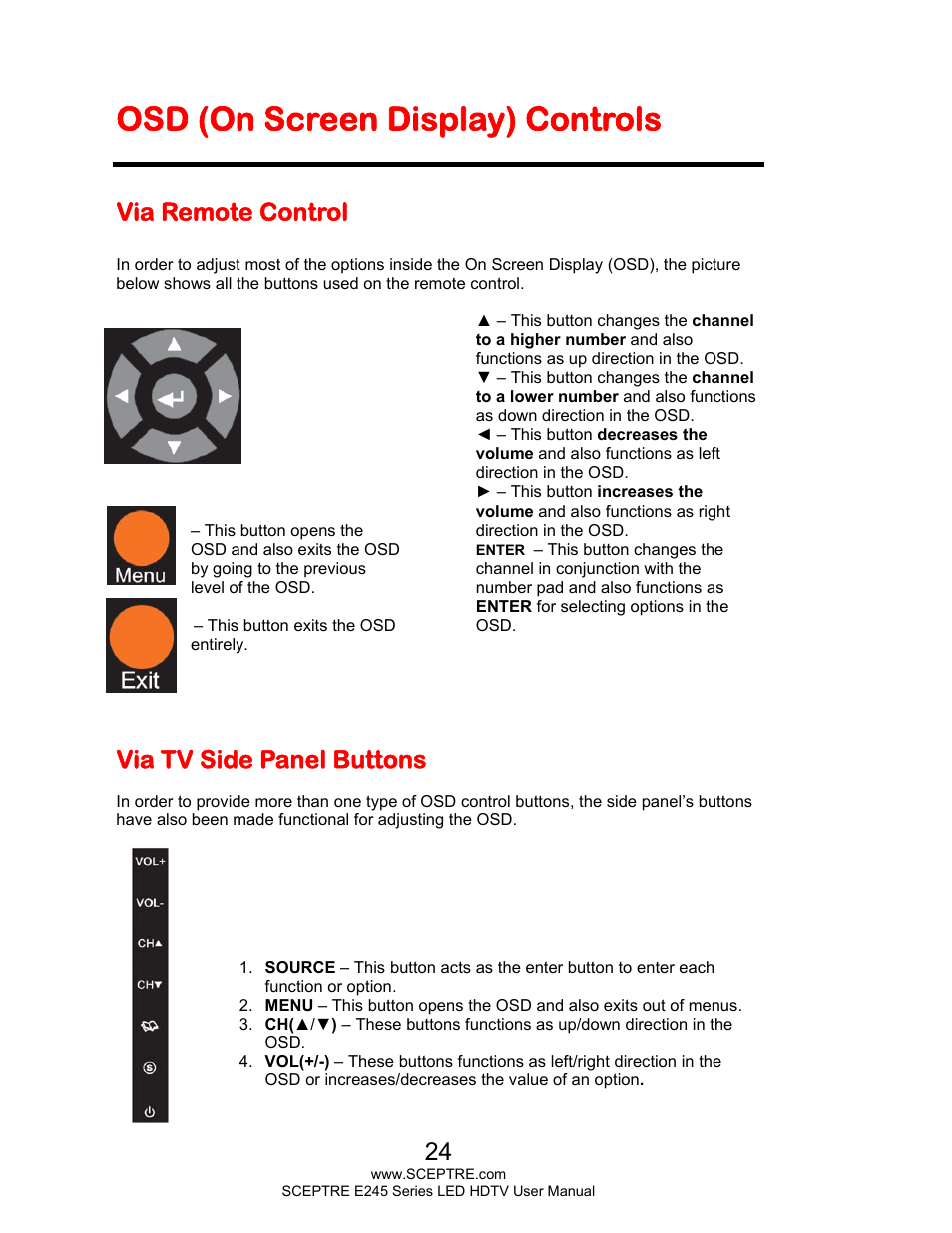 Osd (on screen display) controls, Via remote control, Via tv side panel buttons | Sceptre E245BD-FHDU User Manual | Page 24 / 57