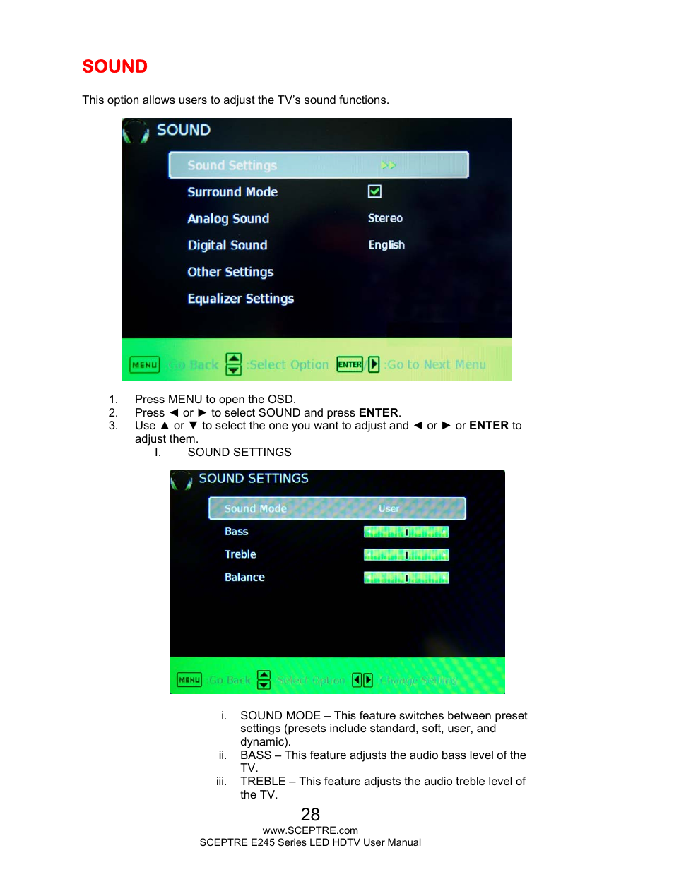 Sound | Sceptre E245BD-FHDU User Manual | Page 28 / 57