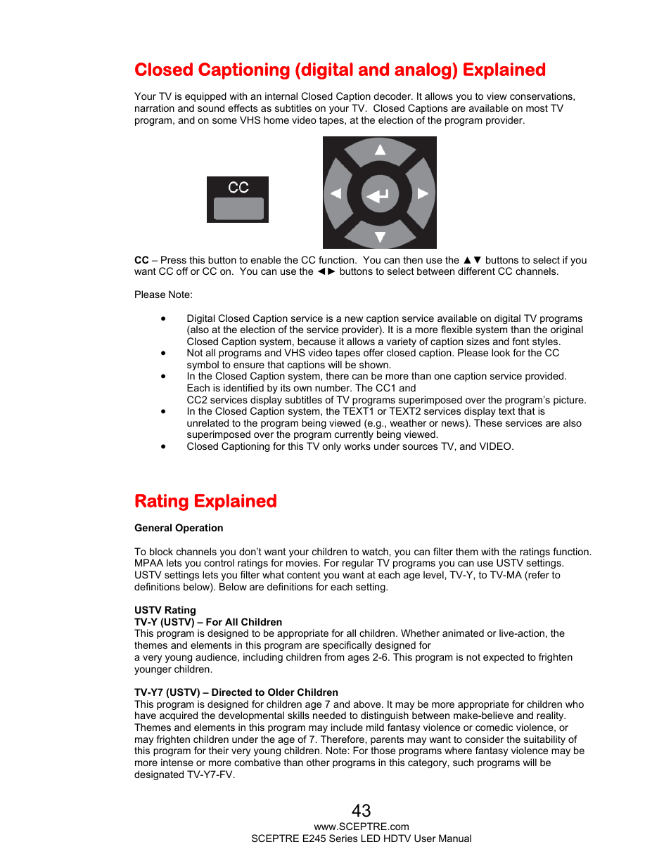 Closed captioning (digital and analog) explained, Rating explained | Sceptre E245BD-FHDU User Manual | Page 43 / 57