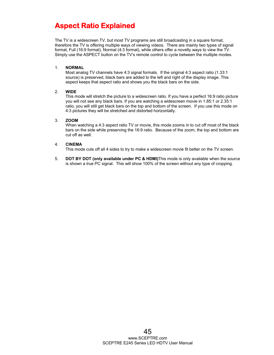 Aspect ratio explained | Sceptre E245BD-FHDU User Manual | Page 45 / 57