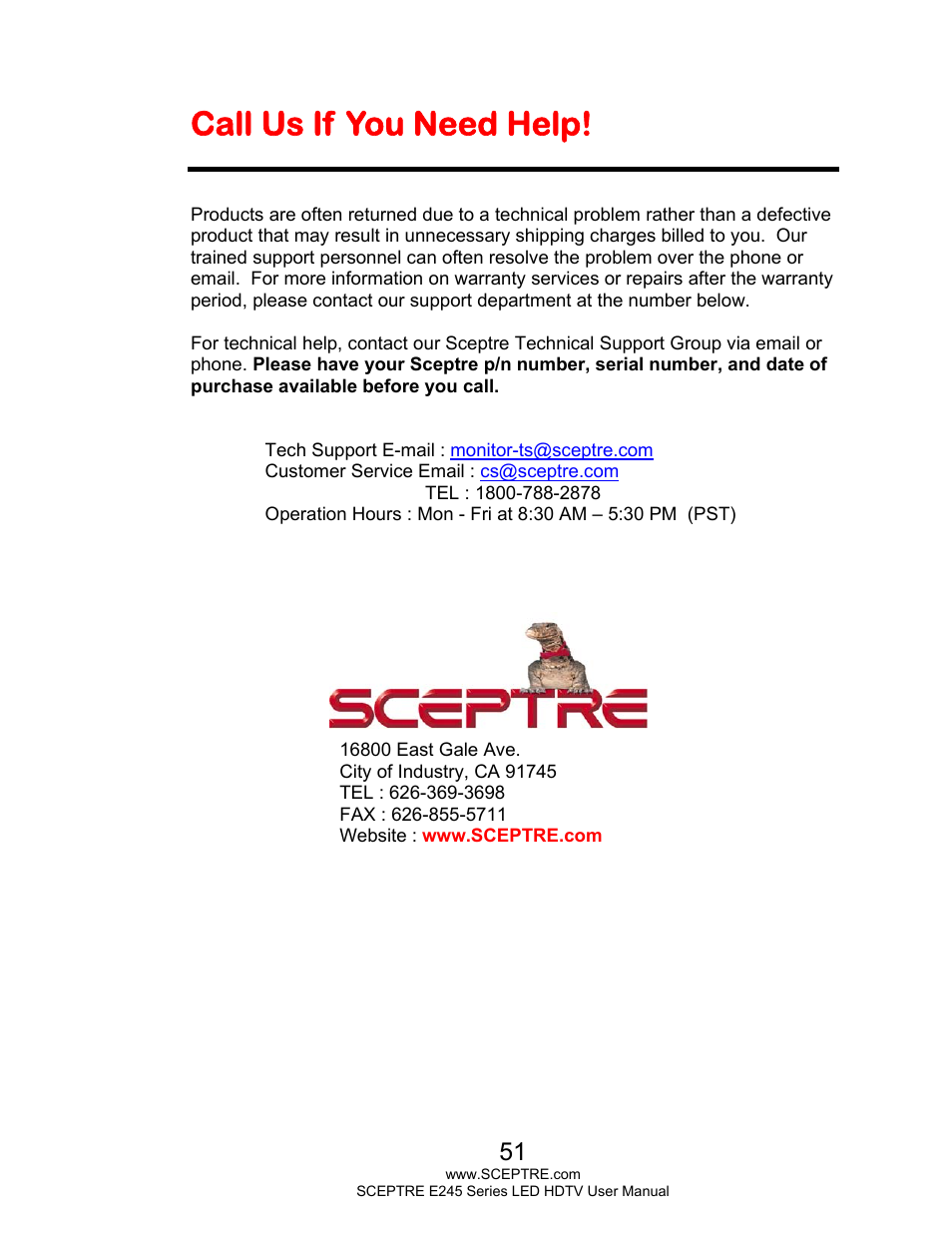 Call us if you need help | Sceptre E245BD-FHDU User Manual | Page 51 / 57