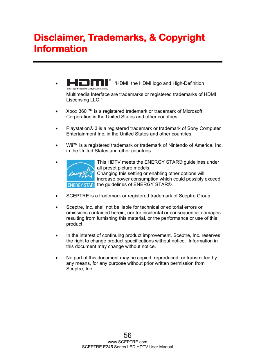 Disclaimer, trademarks, & copyright information | Sceptre E245BD-FHDU User Manual | Page 56 / 57
