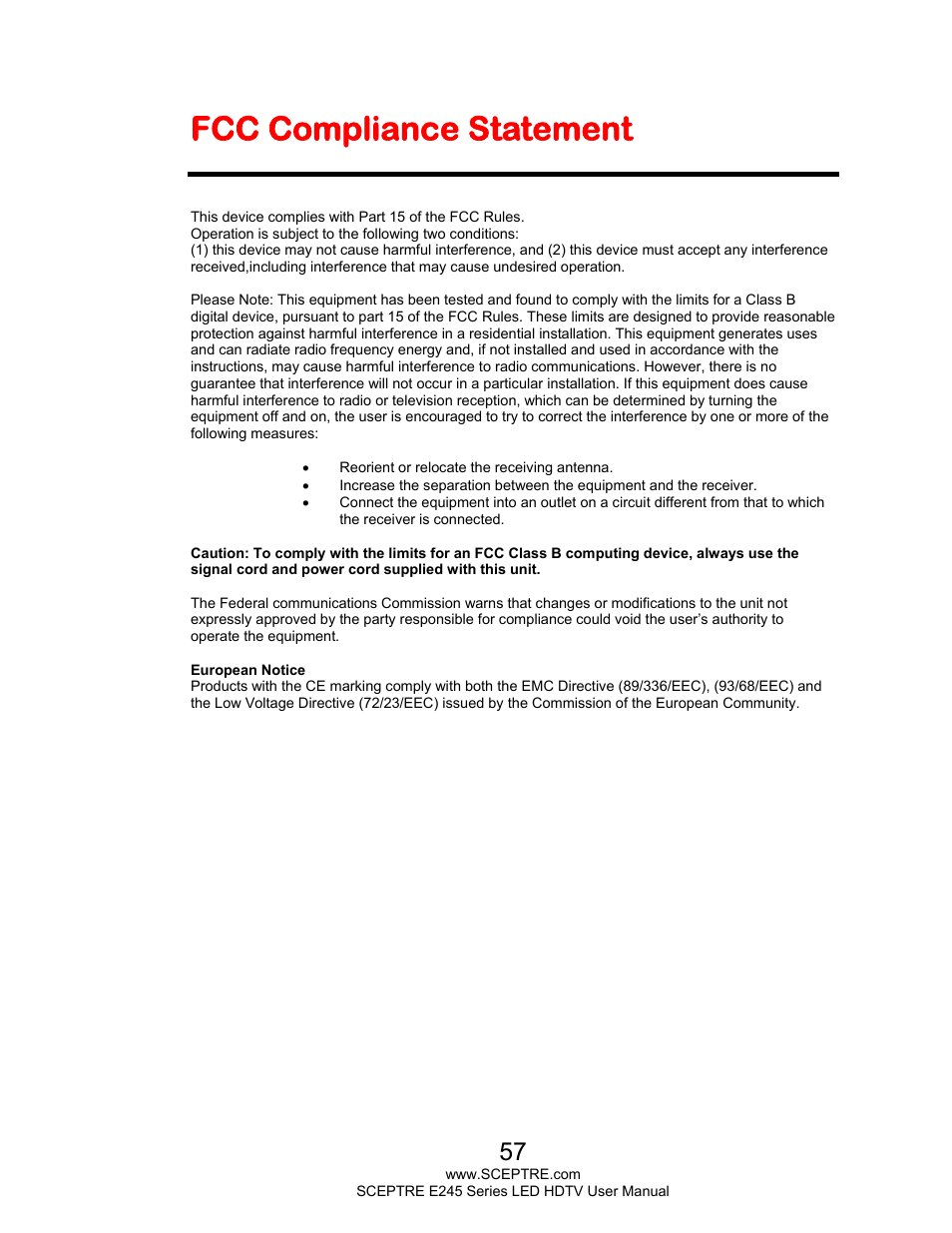 Fcc compliance statement | Sceptre E245BD-FHDU User Manual | Page 57 / 57