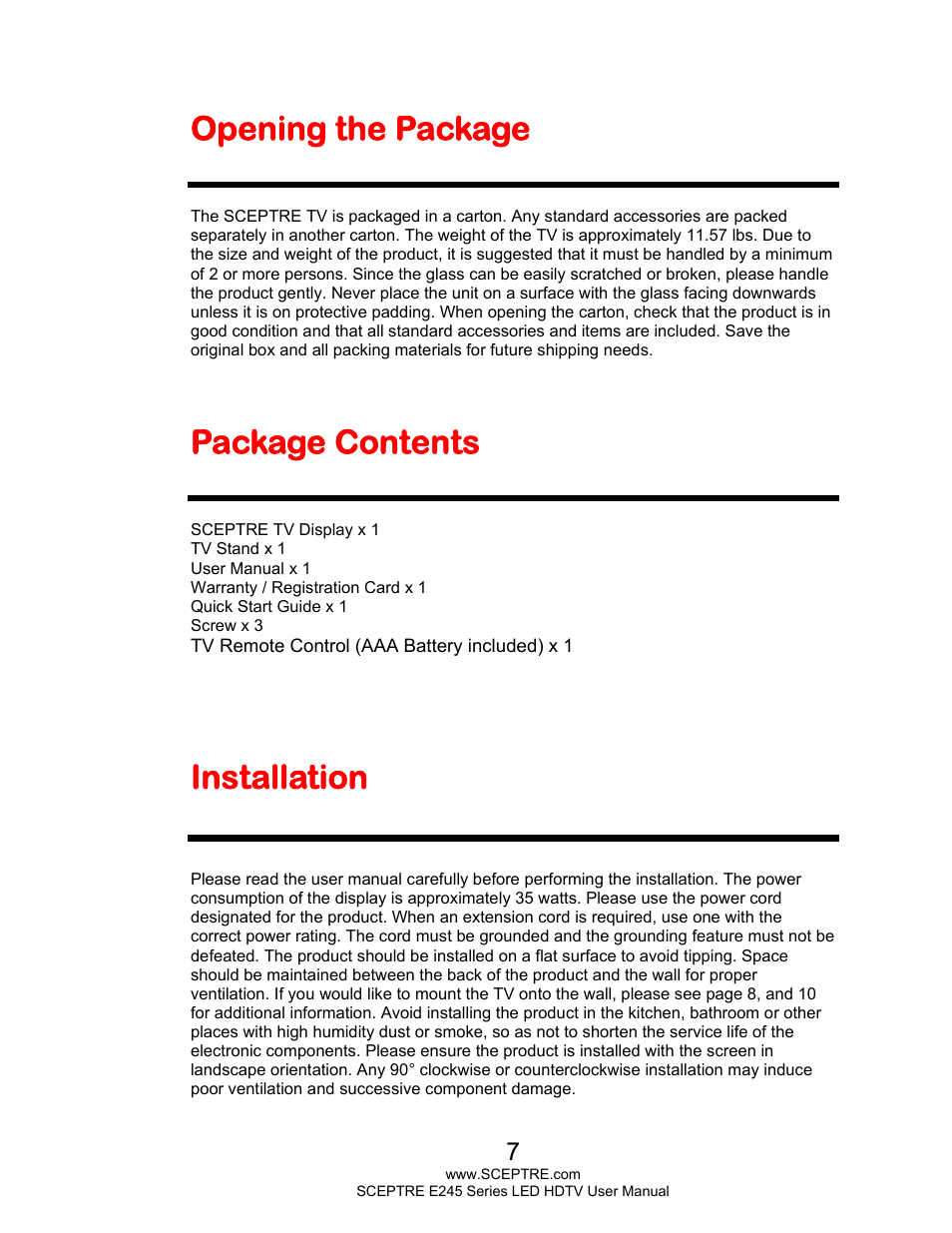 Opening the package, Package contents, Installation | Sceptre E245BD-FHDU User Manual | Page 7 / 57