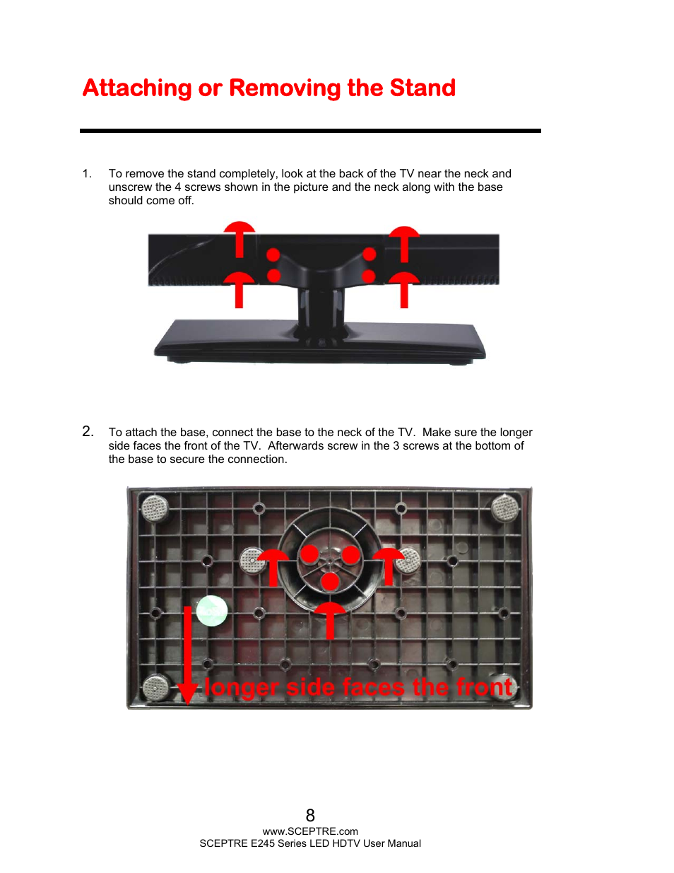 Attaching or removing the stand | Sceptre E245BD-FHDU User Manual | Page 8 / 57