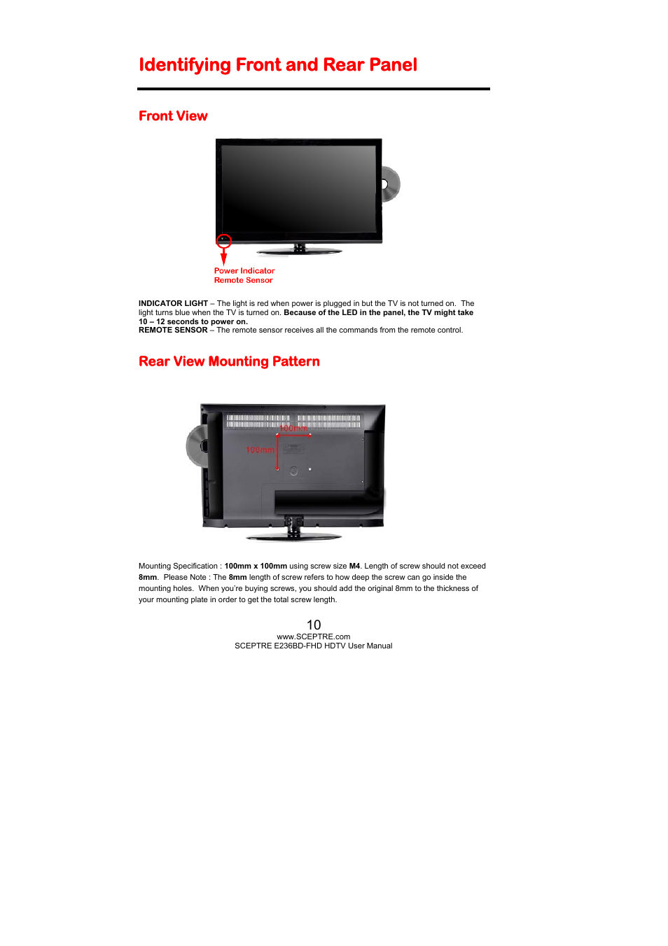 Identifying front and rear panel, Front view, Rear view mounting pattern | Sceptre E246BD-FHD User Manual | Page 10 / 61