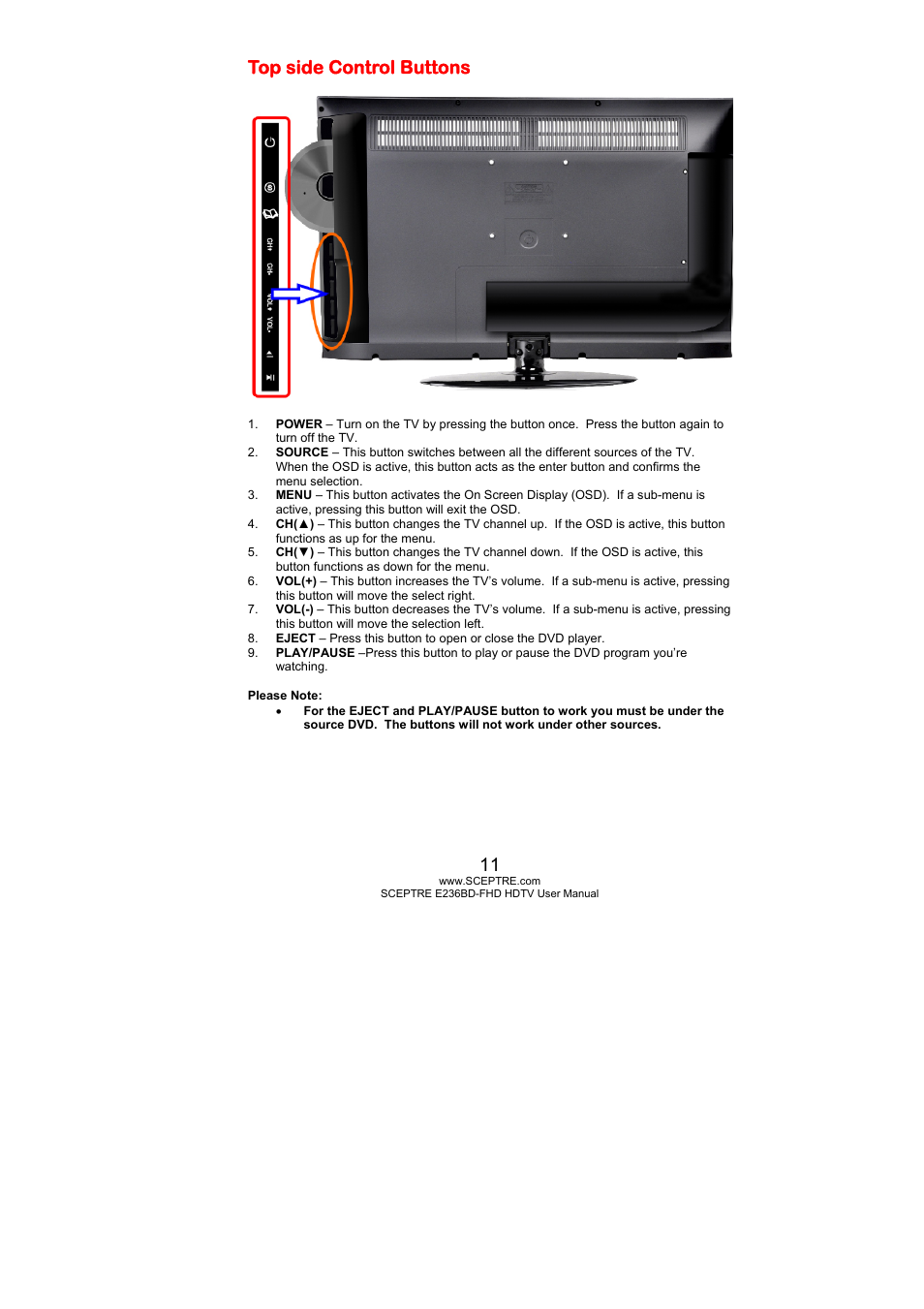 Top side control buttons | Sceptre E246BD-FHD User Manual | Page 11 / 61