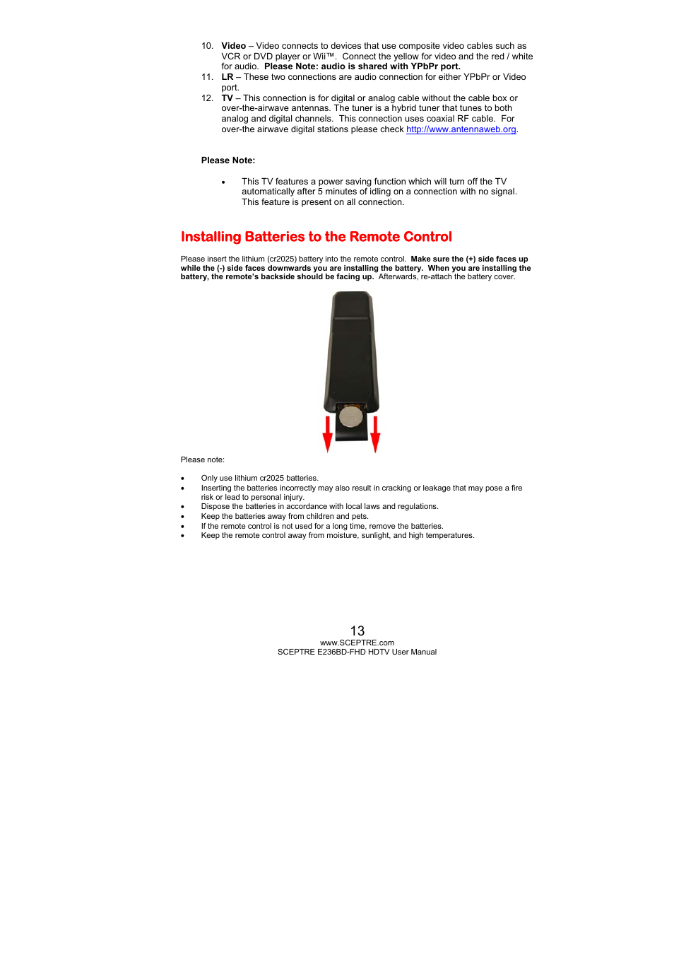 Installing batteries to the remote control | Sceptre E246BD-FHD User Manual | Page 13 / 61