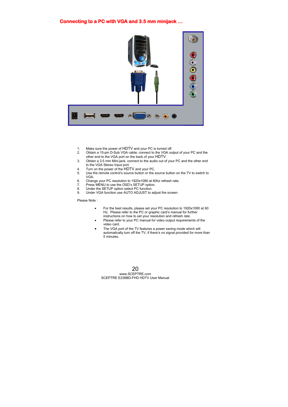 Connecting to a pc with vga and 3.5 mm minijack | Sceptre E246BD-FHD User Manual | Page 20 / 61