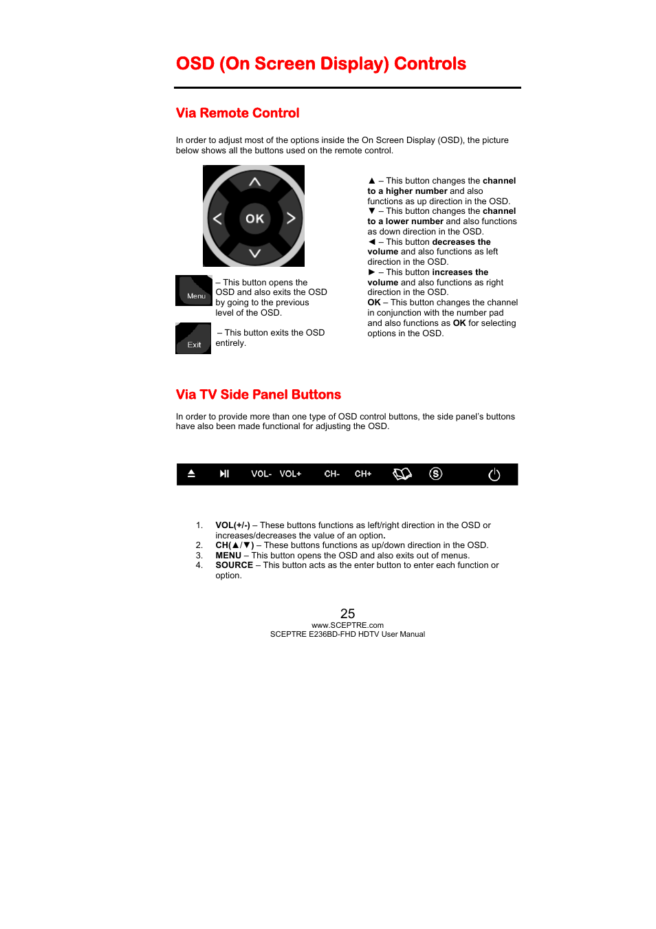 Osd (on screen display) controls, Via remote control, Via tv side panel buttons | Sceptre E246BD-FHD User Manual | Page 25 / 61