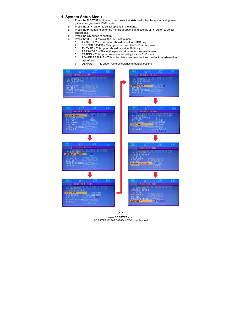 System setup menu | Sceptre E246BD-FHD User Manual | Page 47 / 61