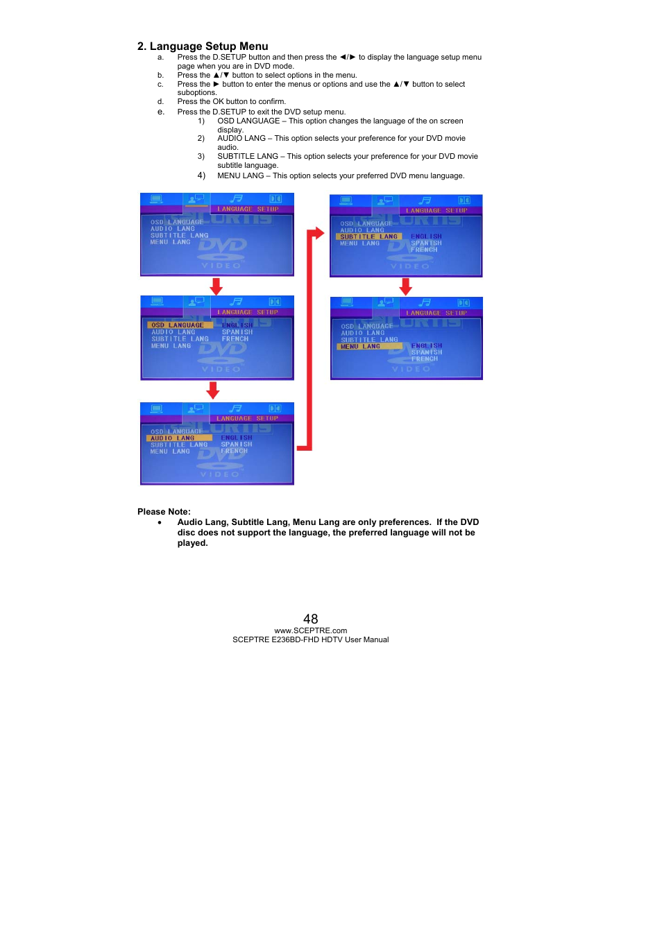 Language setup menu | Sceptre E246BD-FHD User Manual | Page 48 / 61