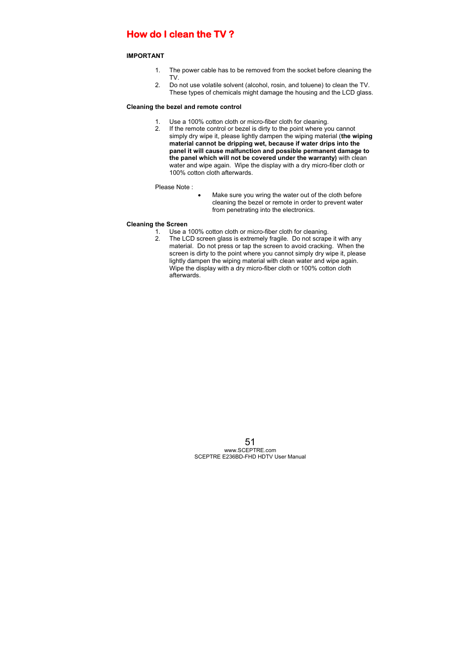 How do i clean the tv | Sceptre E246BD-FHD User Manual | Page 51 / 61