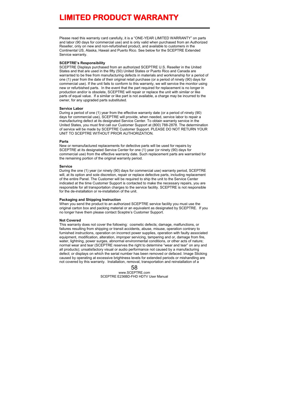 Limited product warranty | Sceptre E246BD-FHD User Manual | Page 58 / 61