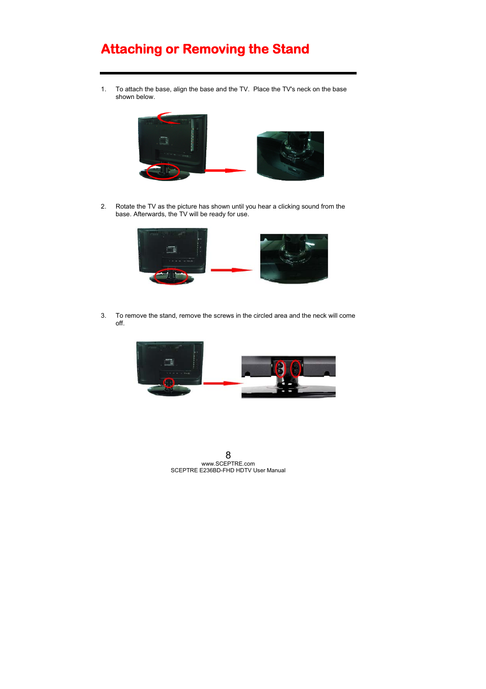 Attaching or removing the stand | Sceptre E246BD-FHD User Manual | Page 8 / 61