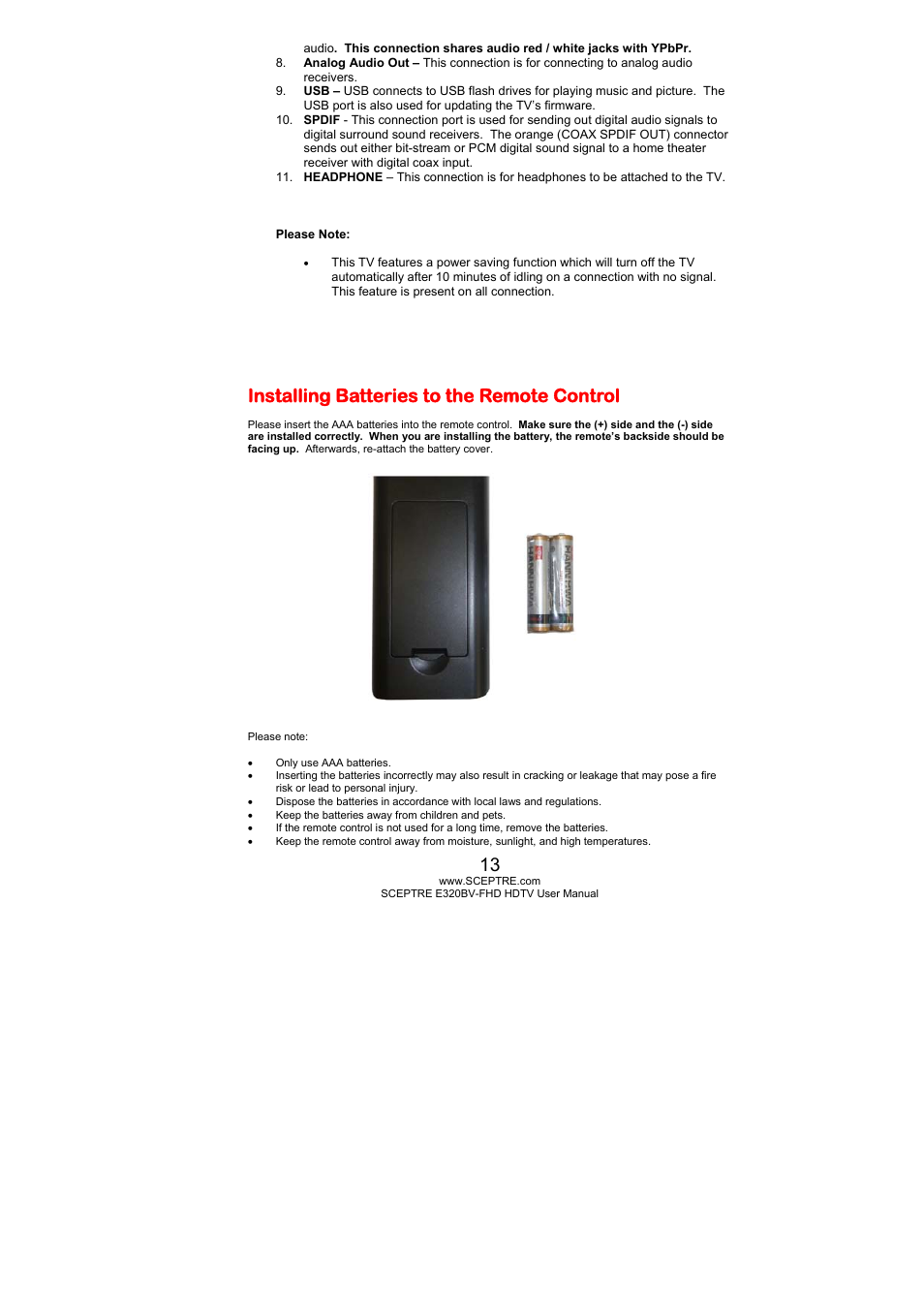 Installing batteries to the remote control | Sceptre E320PV-FHD User Manual | Page 13 / 55