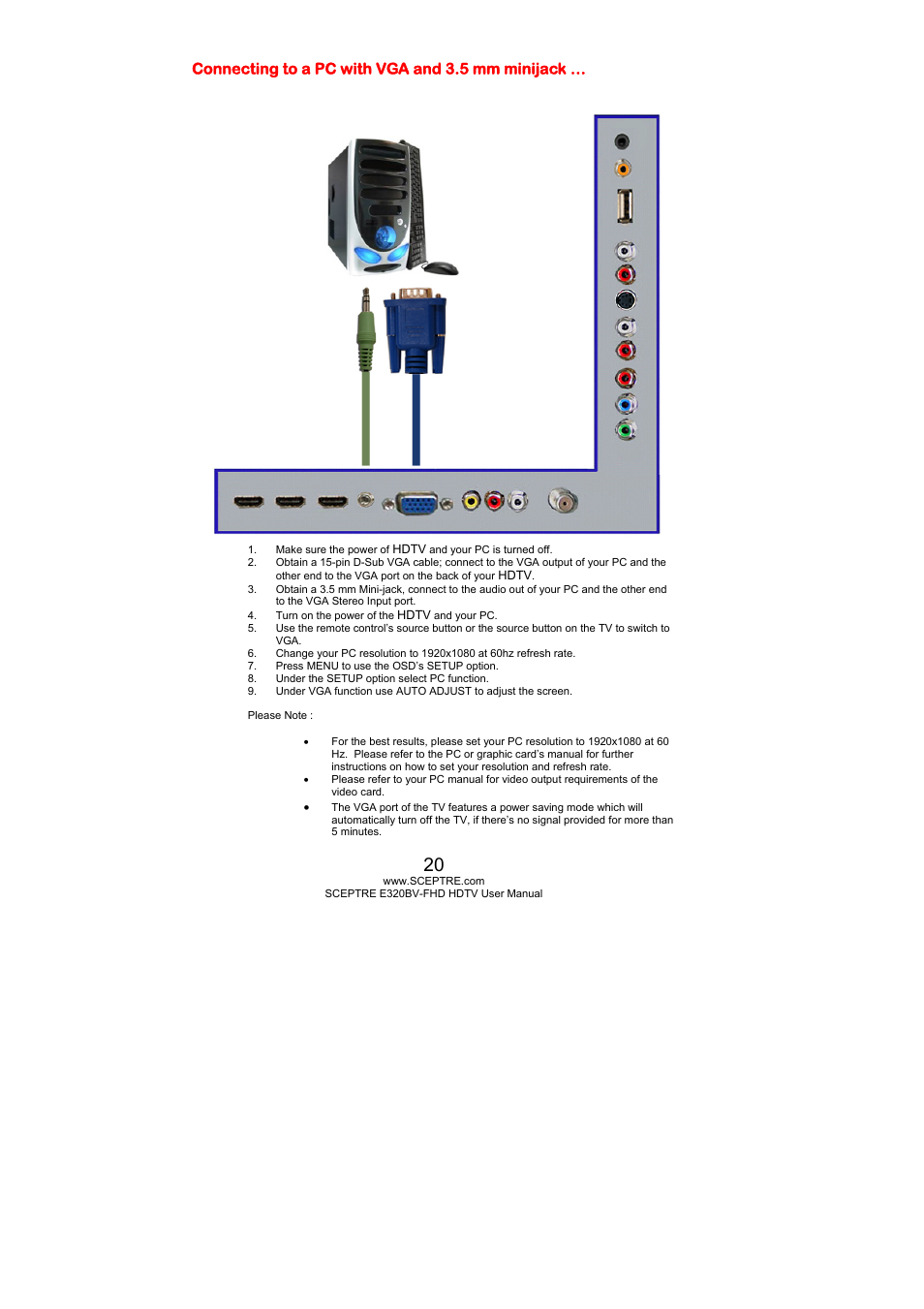 Connecting to a pc with vga and 3.5 mm minijack | Sceptre E320PV-FHD User Manual | Page 20 / 55