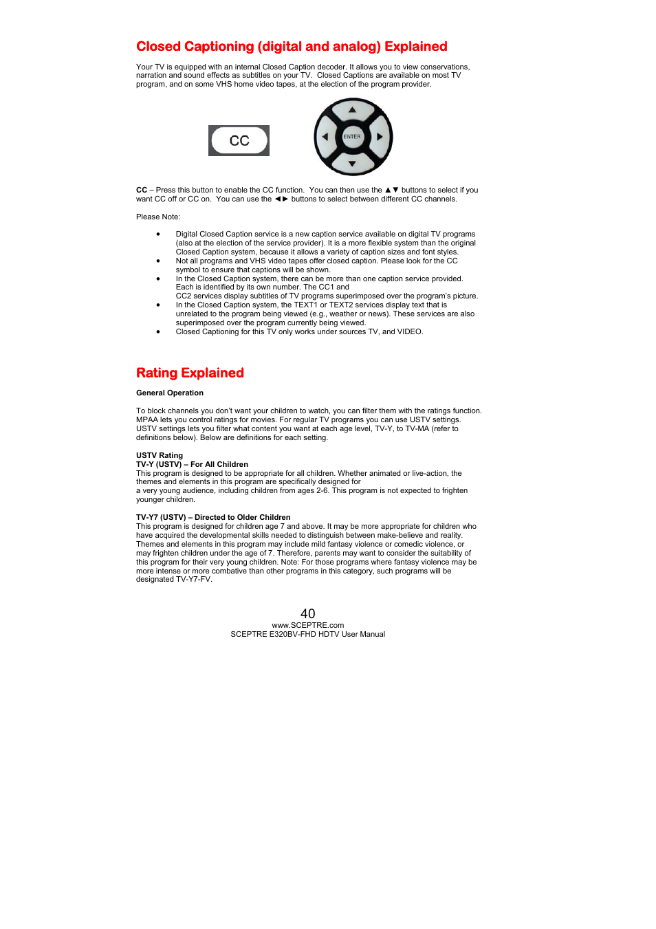 Closed captioning (digital and analog) explained, Rating explained | Sceptre E320PV-FHD User Manual | Page 40 / 55