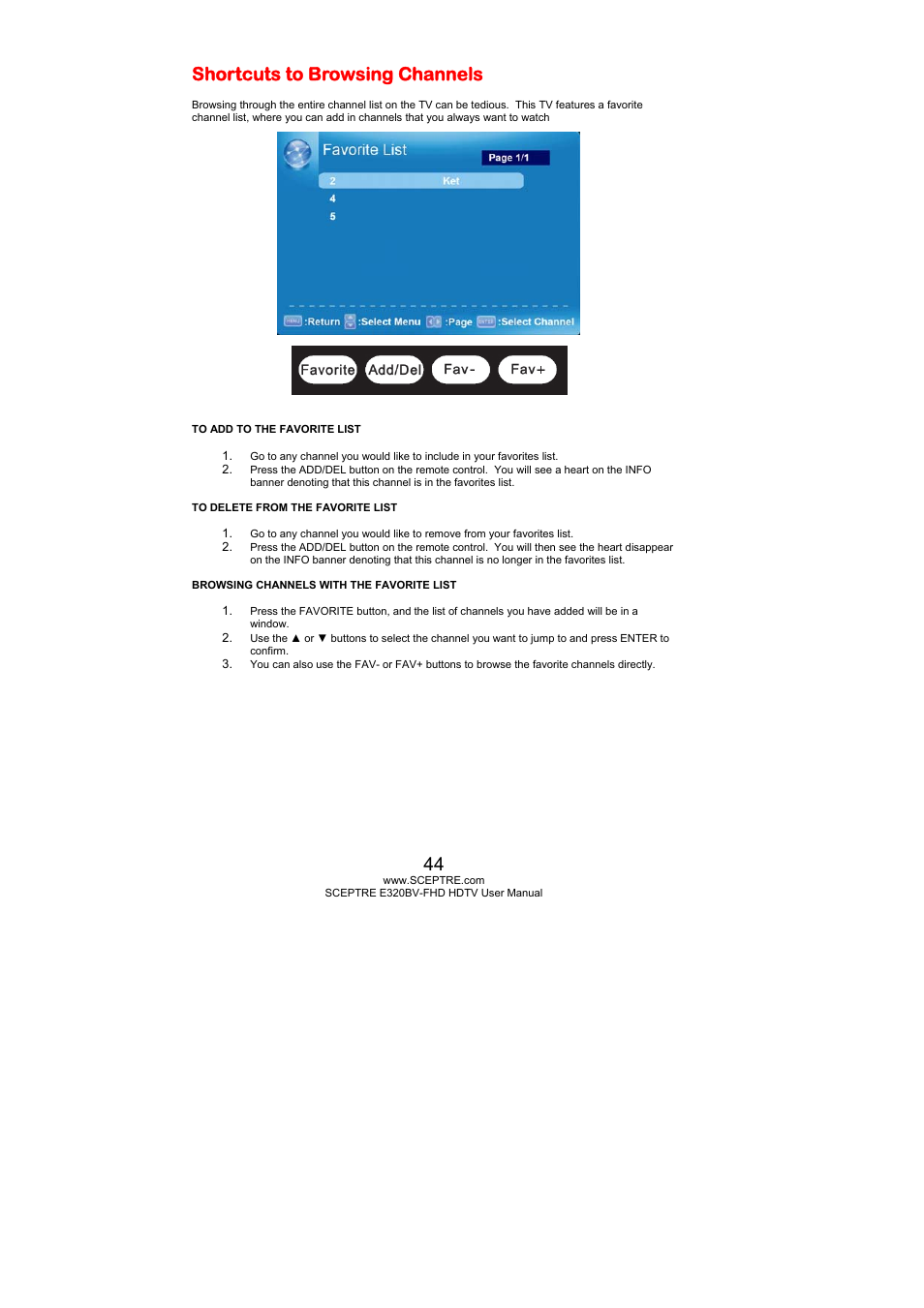 Shortcuts to browsing channels | Sceptre E320PV-FHD User Manual | Page 44 / 55