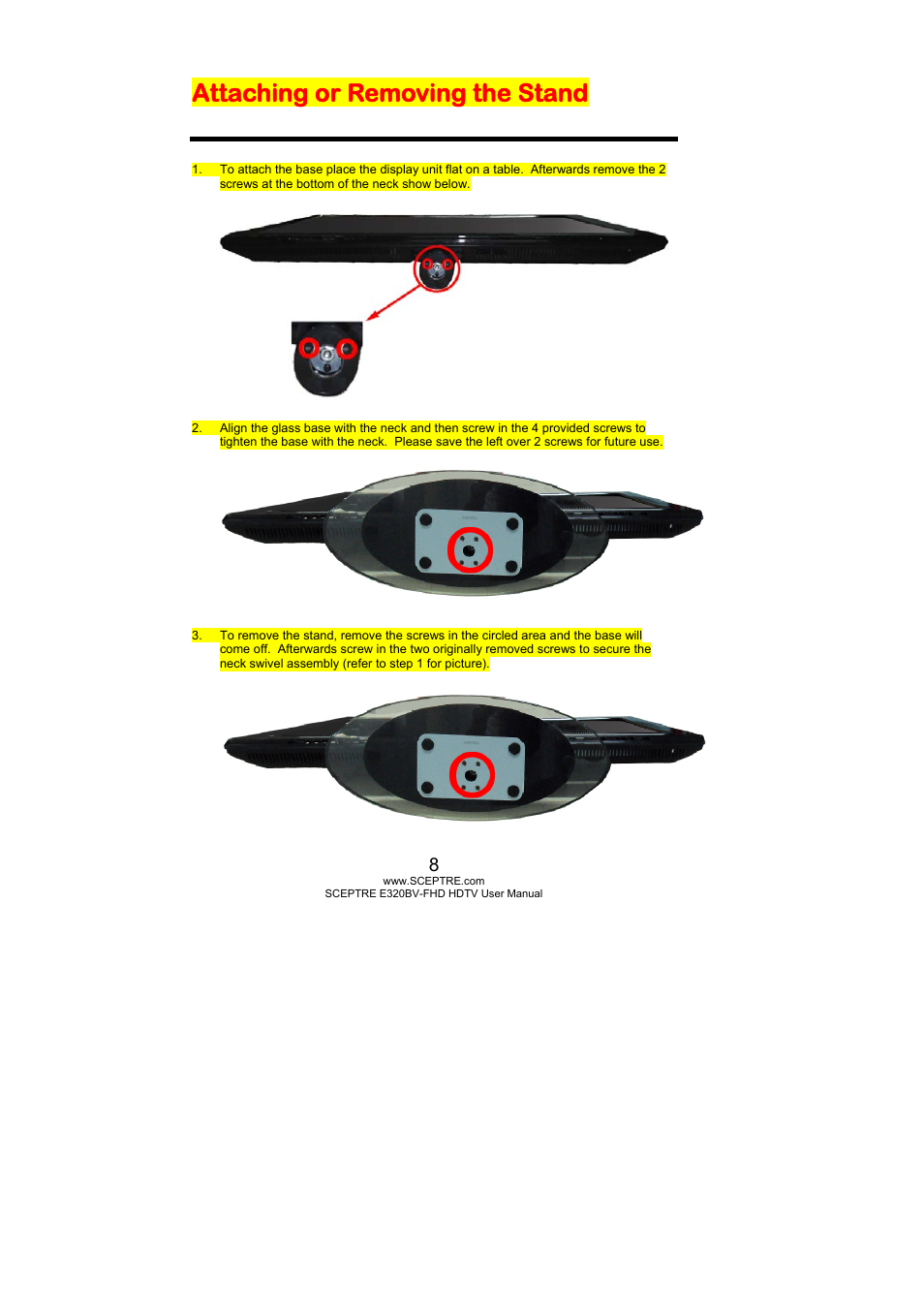 Attaching or removing the stand | Sceptre E320PV-FHD User Manual | Page 8 / 55