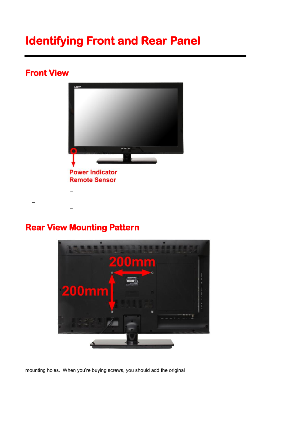 Identifying front and rear panel, Front view, Rear view mounting pattern | Sceptre E325BV-HD User Manual | Page 10 / 52