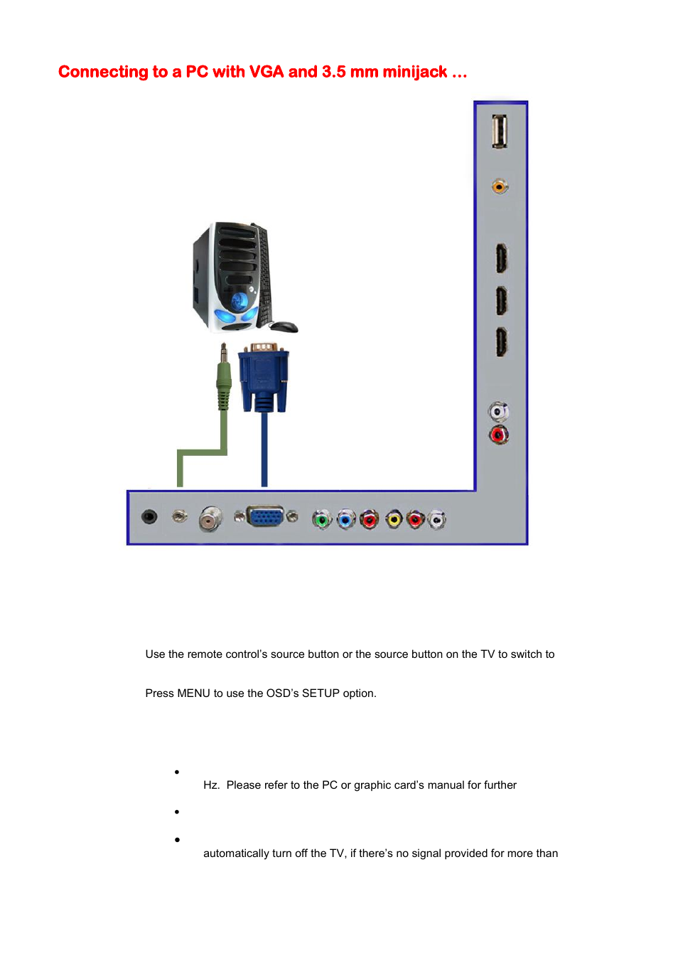 Connecting to a pc with vga and 3.5 mm minijack | Sceptre E325BV-HD User Manual | Page 20 / 52