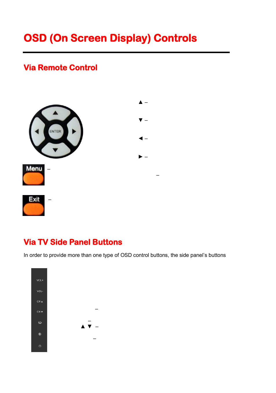 Osd (on screen display) controls, Via remote control, Via tv side panel buttons | Sceptre E325BV-HD User Manual | Page 24 / 52