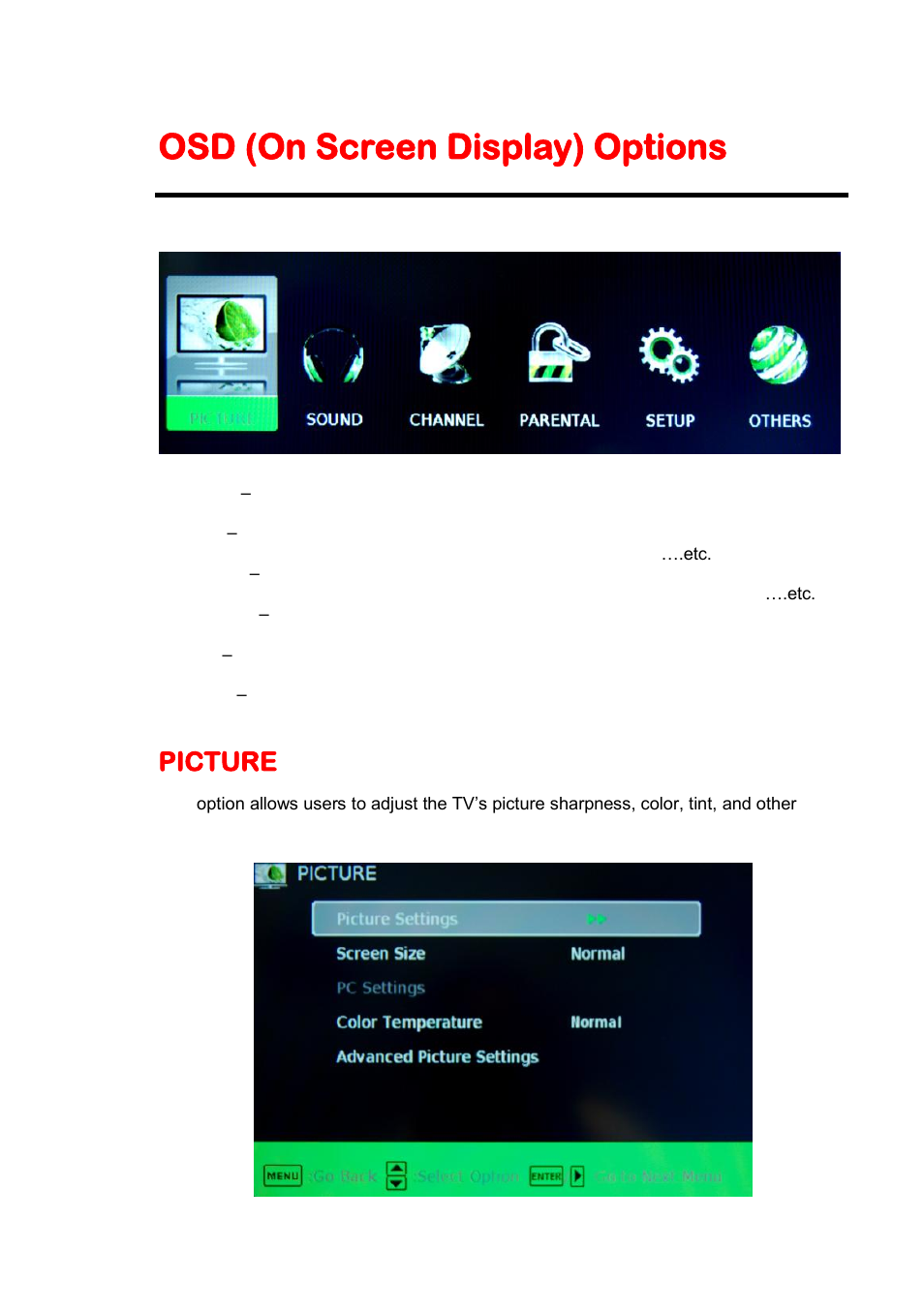 Osd (on screen display) options, Picture | Sceptre E325BV-HD User Manual | Page 25 / 52