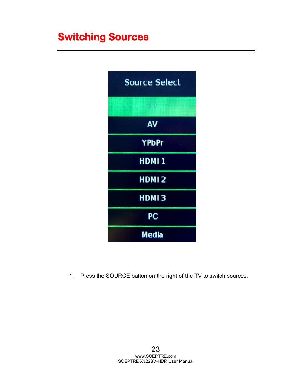 Switching sources | Sceptre H322BV-HDR User Manual | Page 23 / 52