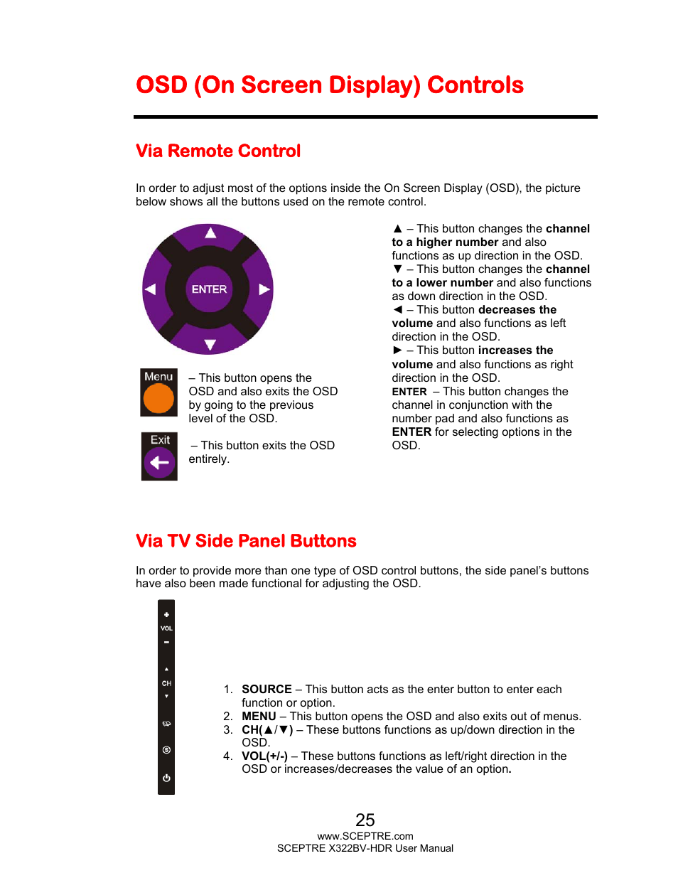 Osd (on screen display) controls, Via remote control, Via tv side panel buttons | Sceptre H322BV-HDR User Manual | Page 25 / 52