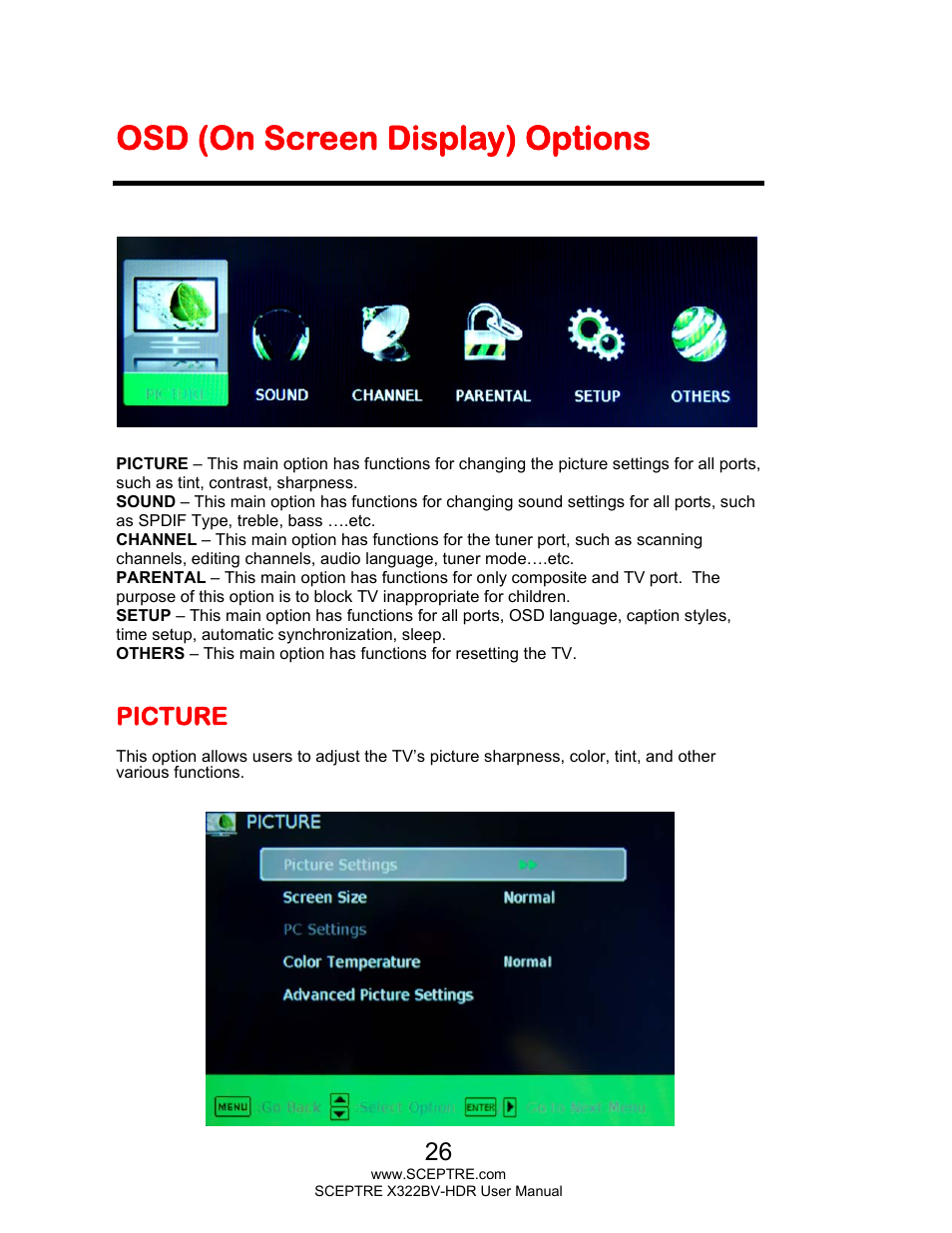 Osd (on screen display) options, Picture | Sceptre H322BV-HDR User Manual | Page 26 / 52